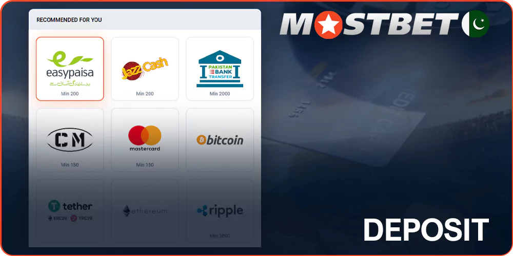 Deposit methods at Mostbet