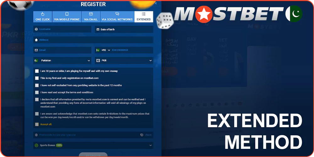 Extended Method of registration at Mostbet